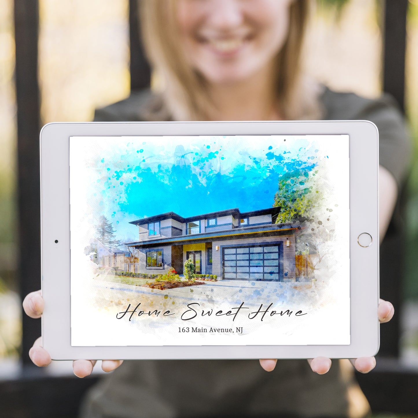 Home Sweet Home Portrait Watercolor Effect from Picture - Personalized Gift For the Family and Friends