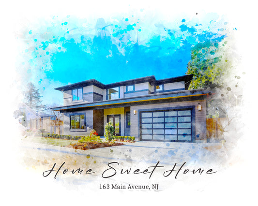 Home Sweet Home Portrait Watercolor Effect from Picture - Personalized Gift For the Family and Friends