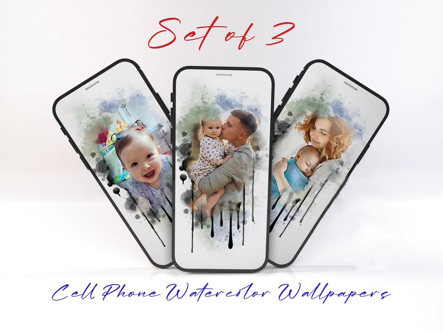 Custom Watercolor Cellphone Wallpaper from Photo, Personalized Gift Set of Three Wallpapers - Digital File Only